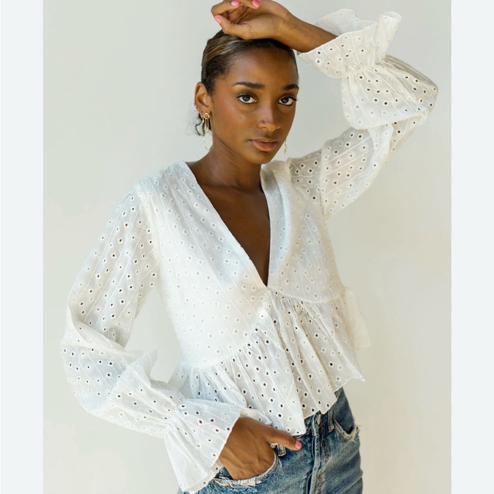 White Eyelet V-Neck Peplum Blouse